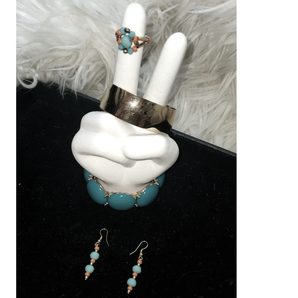 Vintage Style Turquoise Gold Tone Jewelry Set Bracelets Ring Earrings 4pc Lot
